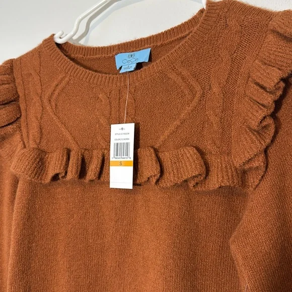 New Cece Burnt Orange Cable Knot Ruffle Sweater Women’s Size Small - Picture 2 of 5